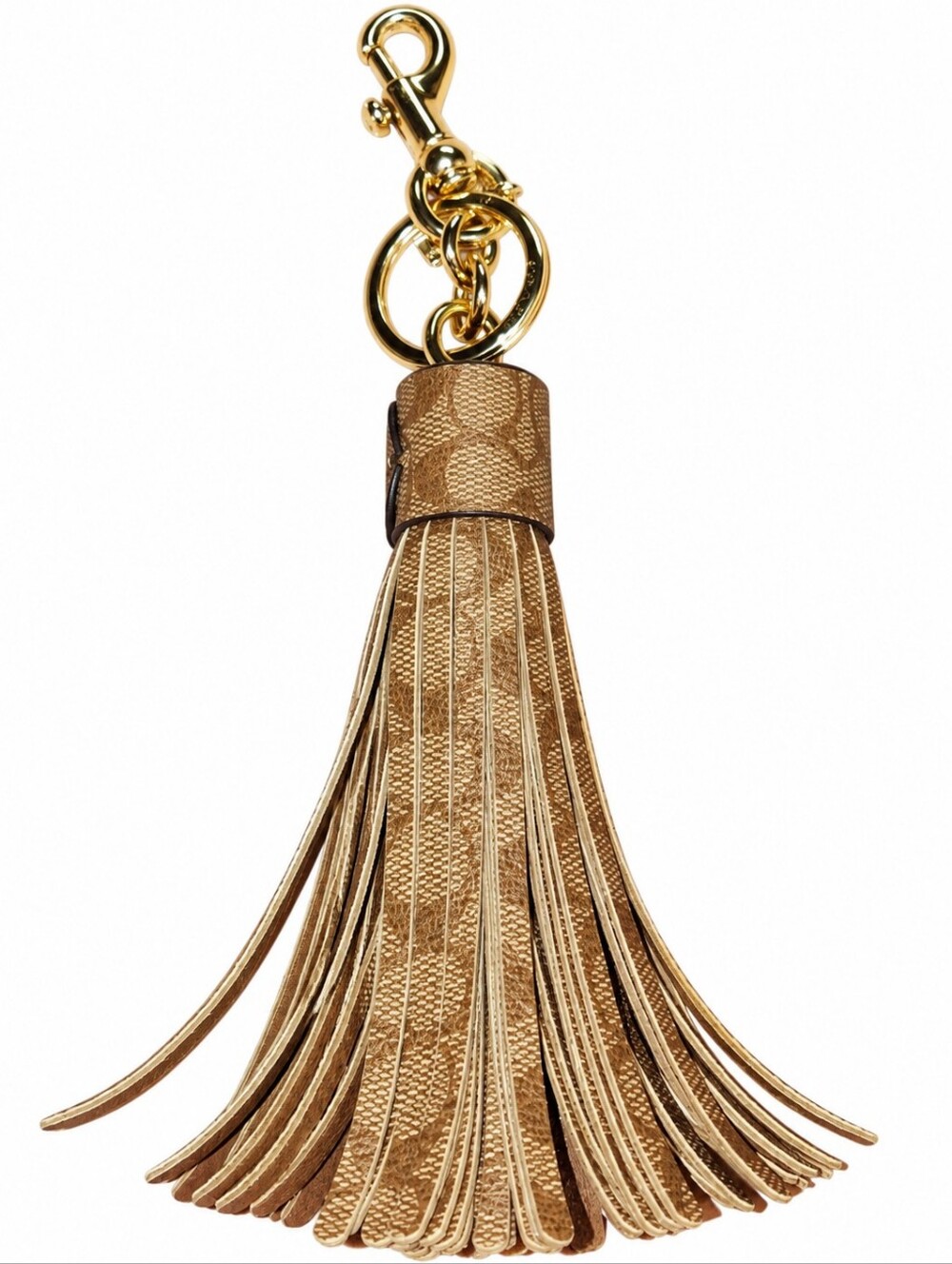 Coach Signature Tan Tassel Keychain with Gold Hardware